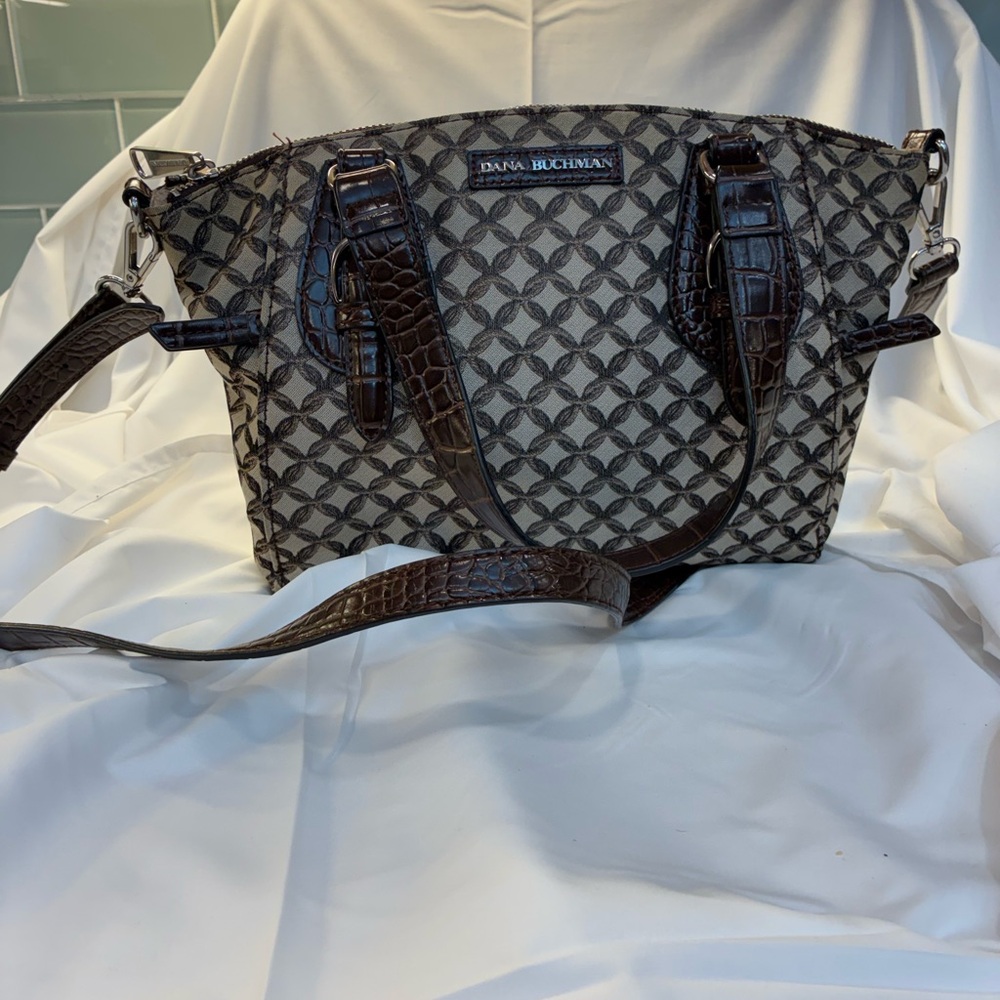 Dana Buchman Neutral Geometric Pattern Satchel with Dark Brown Trim